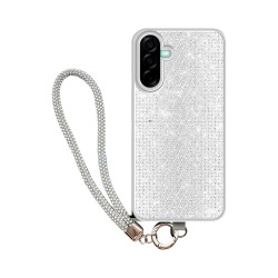 Capa de Silicone Dura de Designer com Cristais de Diamante e Cordão para Samsung Galaxy A37 Prata
